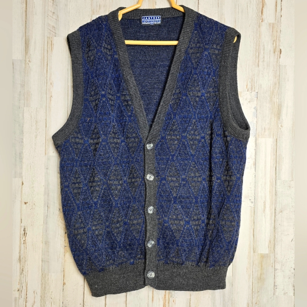 Vintage Jantzen Grandpa Cardigan Vest L Argyle Grey Blue 80s 90s Academia